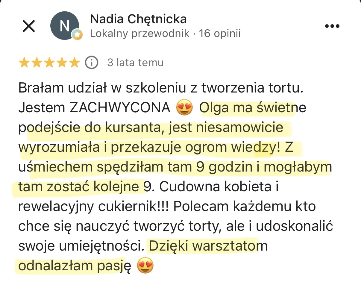 Opinia Nadia — szkolenie z tortu od podstaw